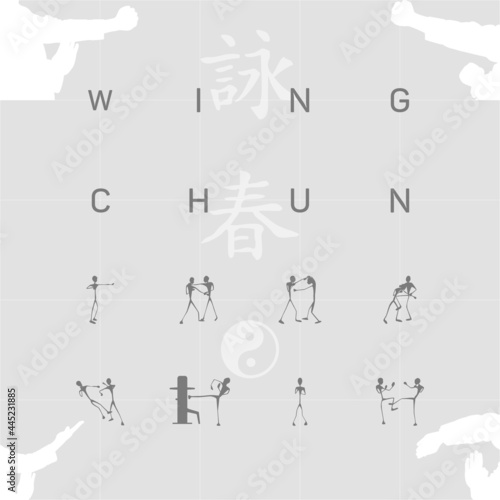 Light grey background with silhouettes of fighters of Wing Chun Kung Fu