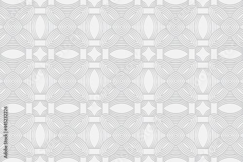 3d volumetric convex embossed stylish white background. Ethnic oriental, asian geometric pattern with handmade elements. Ornament for design and decor, textiles, wallpaper, presentations.