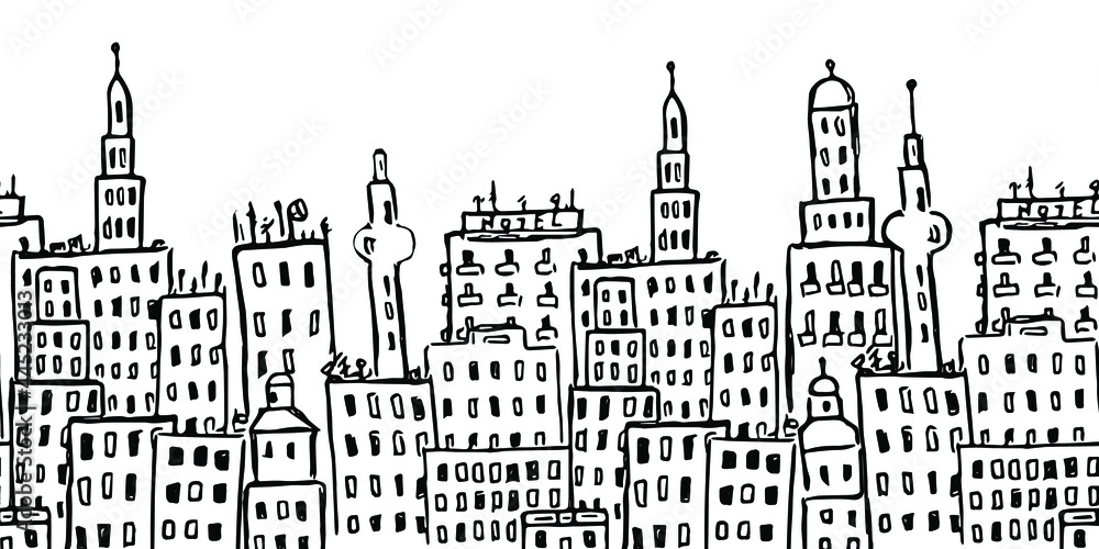 Horizontal seamless pattern with city buildings