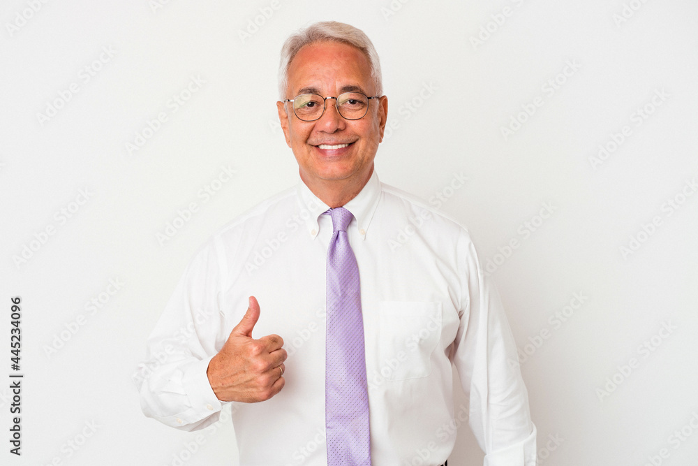 Senior american man isolated on white background smiling and raising thumb up Senior american man isolated on white background smiling and raising thumb up