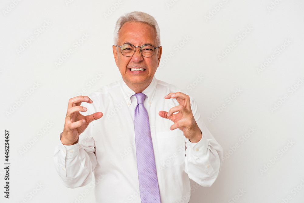 Senior american man isolated on white background upset screaming with tense hands. Senior american man isolated on white background upset screaming with tense hands.