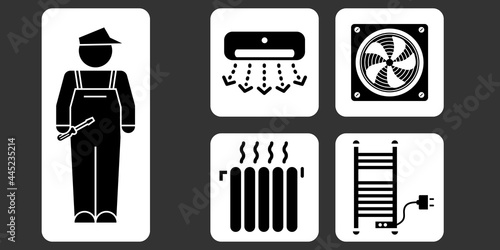 Ensemble de pictogrammes sur le bricolage avec la silhouette d’un ouvrier chauffagiste et divers objets de chauffage et de climatisation : climatiseur, ventilateur, radiateur.