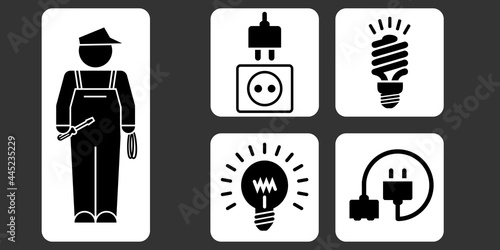 Ensemble de pictogrammes sur le bricolage  avec la silhouette d’un ouvrier électricien et divers objets électrique : ampoule, LED, prise, rallonge.