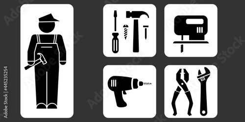 Ensemble de pictogrammes sur le bricolage avec la silhouette d’un ouvrier et divers objets, tourne vis, vis, clou, marteau, pince, clef anglaise, perceuse, scie électrique.