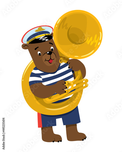 Bear plays sousaphone or tuba. Brass band