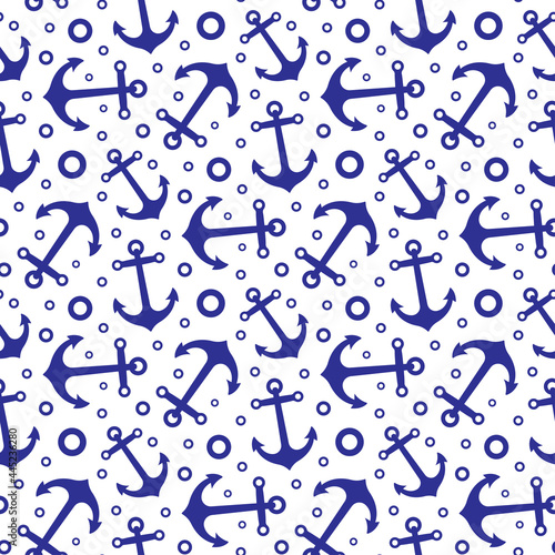 Blue ship anchors isolated on white background. Marine seamless pattern. Vector simple flat graphic illustration. Texture.