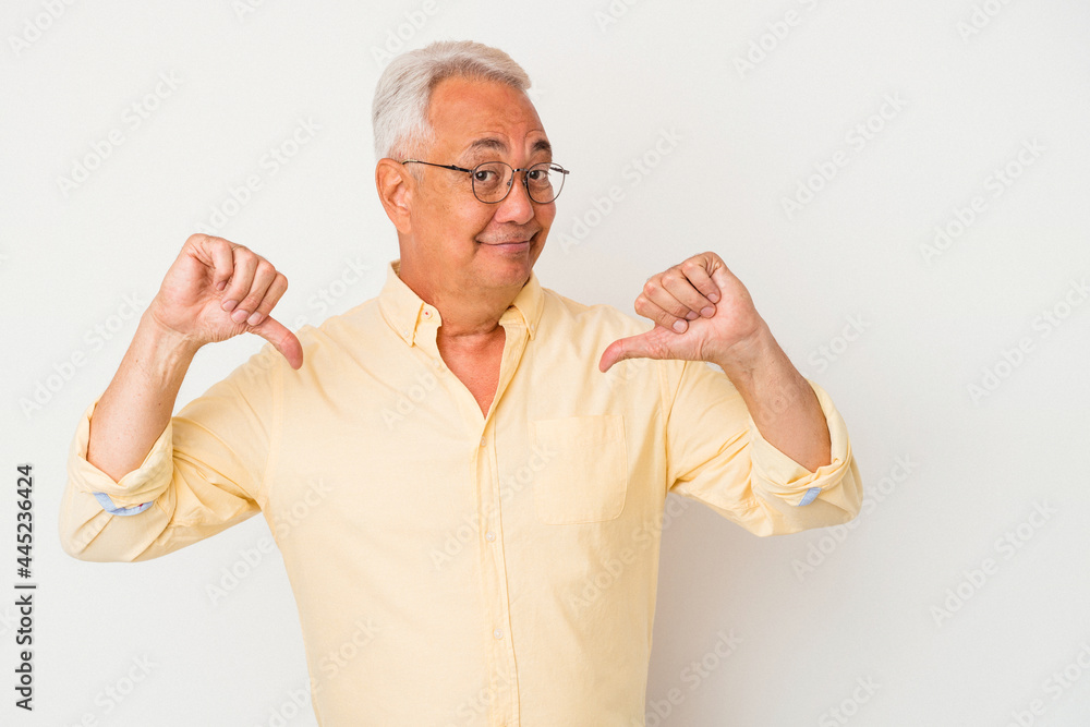 Senior american man isolated on white background feels proud and self confident, example to follow. Senior american man isolated on white background feels proud and self confident, example to follow.
