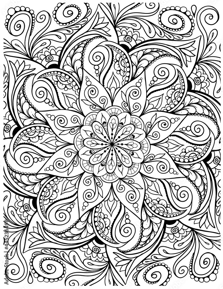 Ornamental mandala adult coloring book page. Zentangle style coloring page.  Mandala black outline. Stock Vector