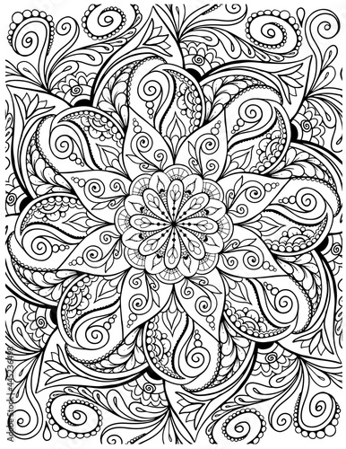 Ornamental mandala adult coloring book page. Zentangle style coloring page. Mandala black outline.