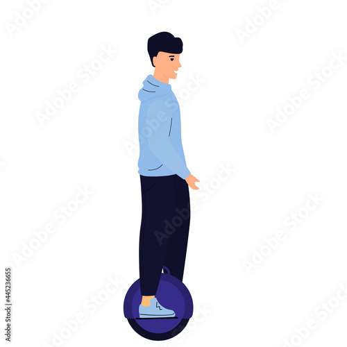 man riding by electric monowheel. Eco transport.