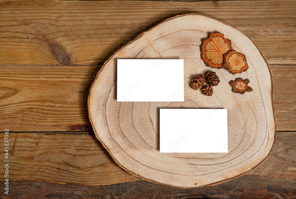 Real photo of business card ,cross section of the tree with rustic wood background. Real photo of business card ,cross section of the tree with rustic wood background.