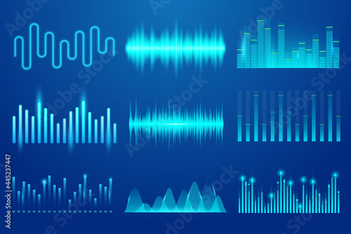 Set of sound music wave. Template audio technology, musical pulse, sound charts and other elements. Music soundwave for equalizer. Soundwave, soundtrack curves and radio voice