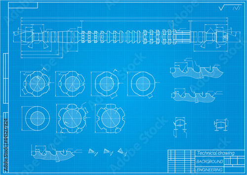 Mechanical engineering drawings on blue background. Broach. Technical Design. Cover. Blueprint. Vector illustration.