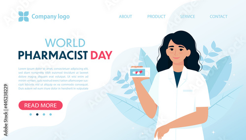 World pharmacist day banner with female pharmacist. Vector illustration in flat style for landing page, web site