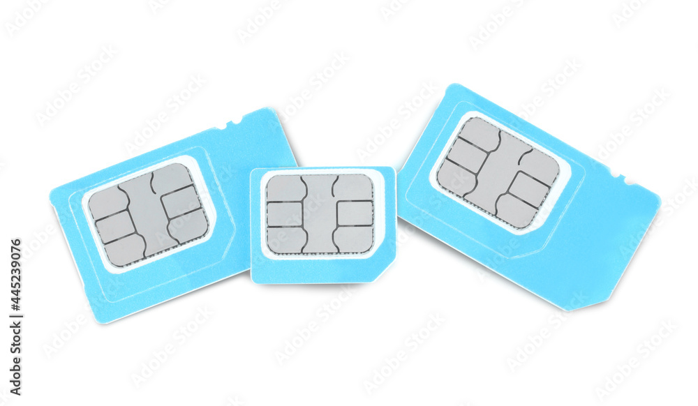 Light blue SIM cards on white background, top view Light blue SIM cards on white background, top view