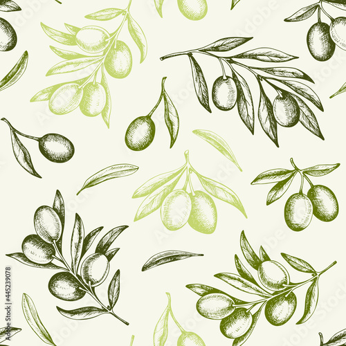 Vintage pattern with green olives and olive branch.