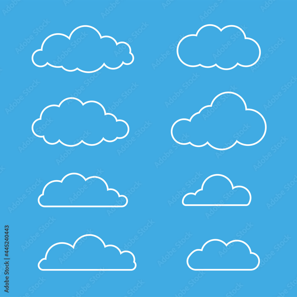 Set of outline white clouds. Cloud icon in flat design isolated on blue background. Set of outline white clouds. Cloud icon in flat design isolated on blue background.