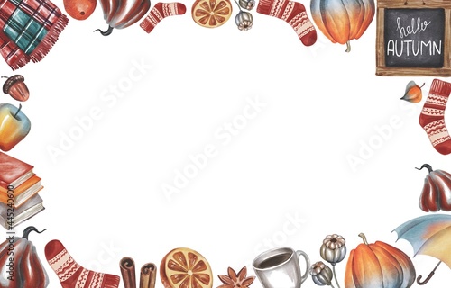Watercolor hand drawing autumn decoration background with copyspace. Use for poster, print, card, postcard, banner, harvest festival, shop, textile, template, wedding, birthday, invitation