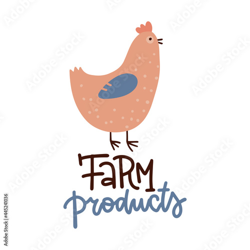 Chicken poster. Fresh healthy farm food vector design placard. Letterinf text with flat hand drawn hen. photo