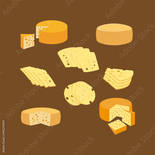 Cheese of different sizes from whole heads to different pieces on a brown background.