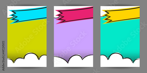 Set of Comic banners. Cartoon text frame on a cloud background. Pop art Template for web design, banners, cards, coupons and posters. Vector illustration for for announcements, parties or sales.