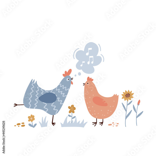 Rooster singing songs for hen. Cute and funny chicken listening to crowing. Colorful flat hand drawn vector illustration isolated on white background