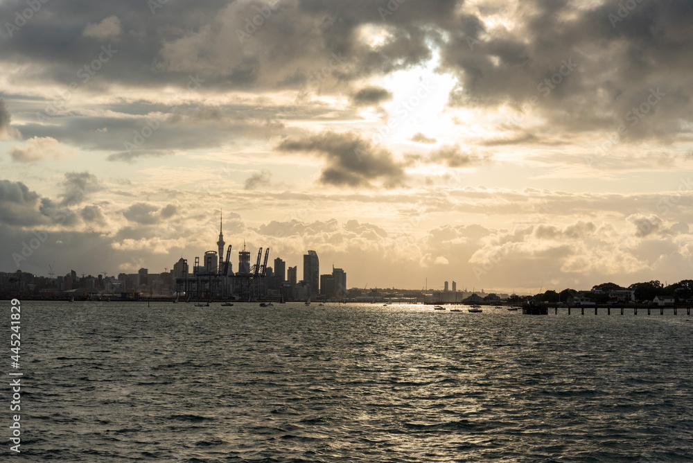 Famous skyline of Auckland Central Business District during sunset