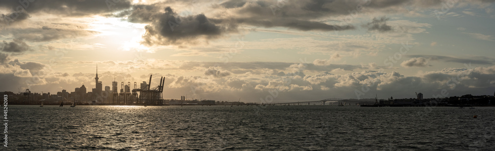 Famous skyline of Auckland Central Business District during sunset