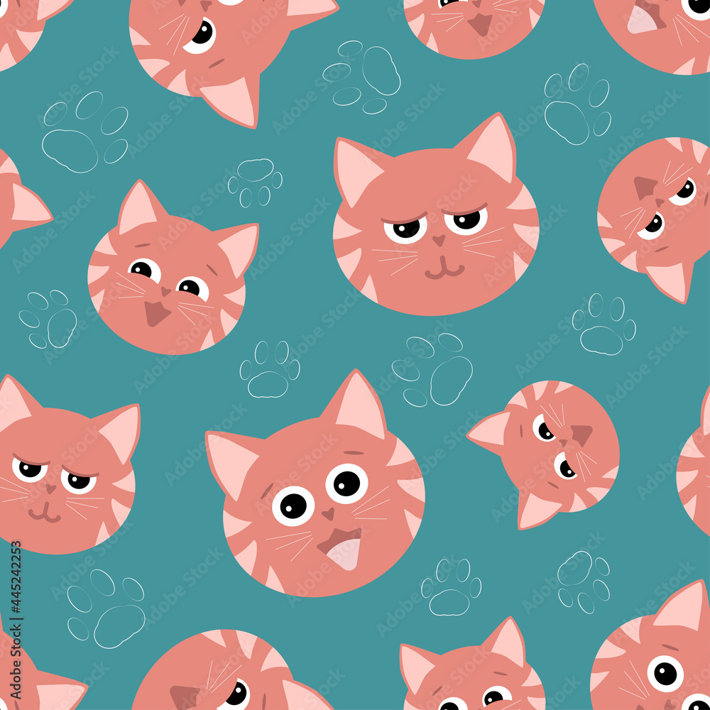 smiling coral cat head on turquoise background smiling coral cat head on turquoise background