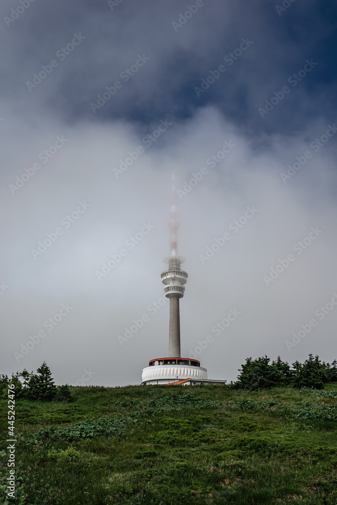 Television transmitter tower with observation platform on the peak of Praded,Jeseniky mountains,Czech republic.Views of picturesque countryside,popular tourist place for hiking and leisure.
