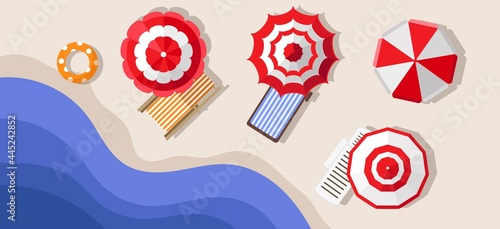 Sun loungers and umbrellas on the beach. Flat style illustration.