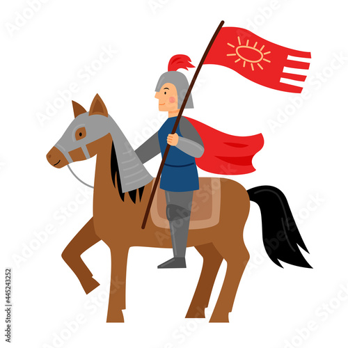 The knight sits on a horse wearing a helmet and armor. A warrior is holding a flag. Character from a fairy tale. Vector illustration for children.