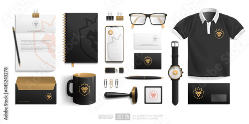 Business stationery Black  branding Identity mockups set isolated on white. Brand mockup with golden lion crown icon logo. Personal Branding mock-up of corporate mug, notepad, blank, phone, envelope 
