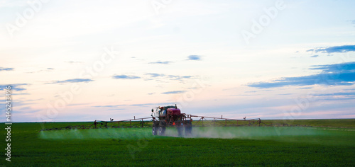 Photo of a wheat field Spraying a tractor with agrochemical or agrochemical preparations over a young wheat field in most cases, the agrochemical refers to pesticides such as insecticides, herbicides