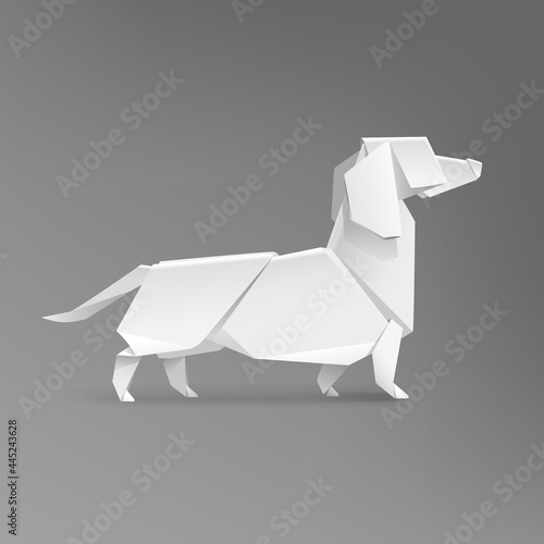 Geometric origami White Dachshund Dog vector template isolated from grey. Realistic 3D Paper Pet  Basset Dog template. Triangular style Dog icon