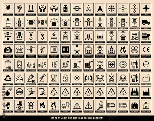 A set of manipulation symbols for packaging cargo products and goods. Marking the box or packaging of products. Vector elements.