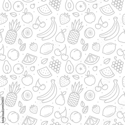 Vector tropical Fruits and berries line art seamless pattern on white background. Linear style exotic tropical fruits icons endless background