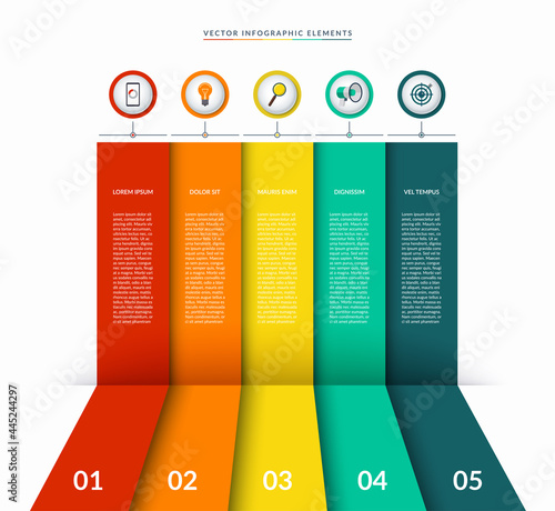 Infographic template with 5 circles and columns. Can be used as a diagram, vertical chart. Vector banner for business infographics with space for text and icons
