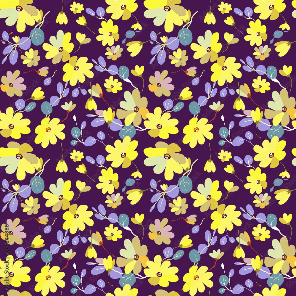 Cute pattern in small flowers with eucalyptus. Small pink, yellow flowers. Exotic purple background. Seamless floral pattern, texture Cute pattern in small flowers with eucalyptus. Small pink, yellow flowers. Exotic purple background. Seamless floral pattern, texture