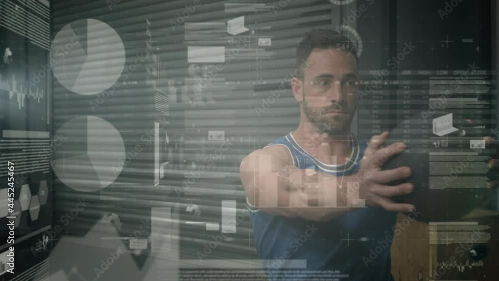 Animation of data processing and statistics over strong man exercising Animation of data processing and statistics over strong man exercising