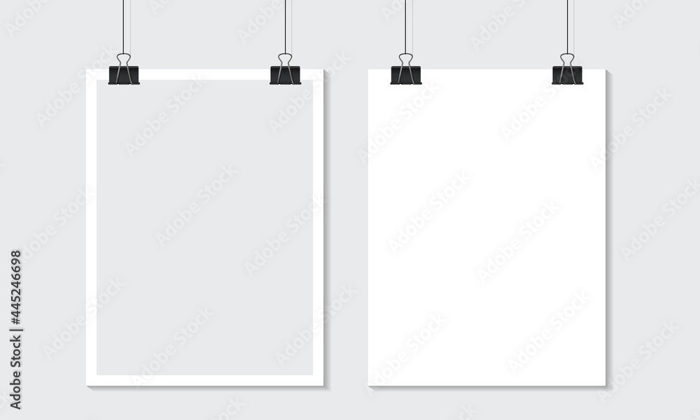 Empty paper frame mockup hanging with paper clip. Vector template.