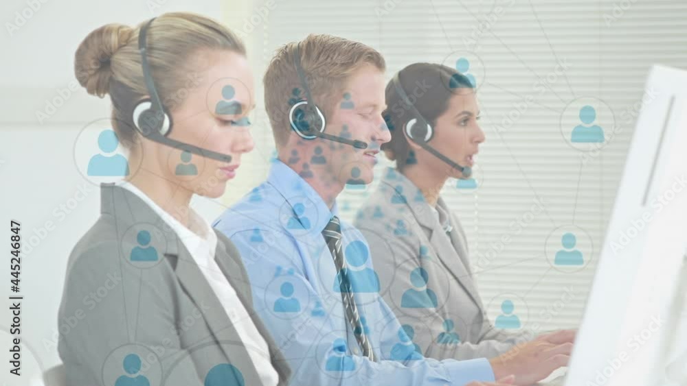Animation of network of connections over business people wearing phone headsets Animation of network of connections over business people wearing phone headsets