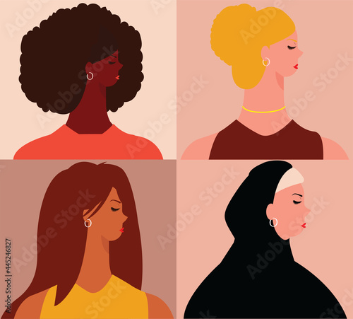 Group of flat women from different traditions, cultures. Entrepreneur females poster from multicultural backgrounds. Women's empowerment, gender equality, feminism rights concept. Vector illustration.