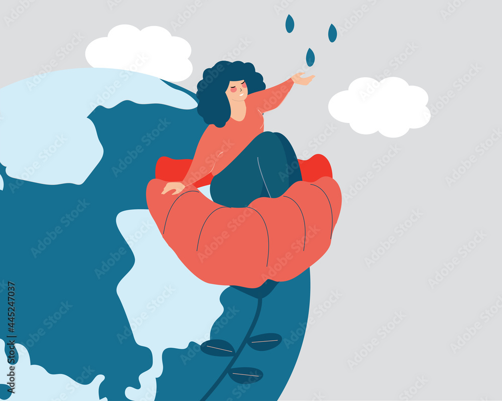 Fototapeta premium Woman sits on a flower with a happy face and catches water drops. Girl care about the earth, nature and environment. Concept of rehabilitation, therapy, wellbeing and inner peace. Vector illustration.