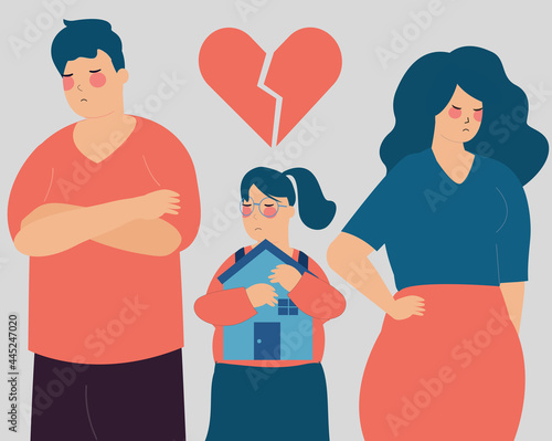 Parents quarrel, argue, fight in front of their child. Sad daughter holding her home with hands. Divorce husband and wife consequences, couple separation, love human relationships concept. Vector.	
