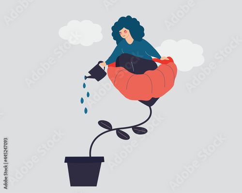 Girl sits on a flower and waters it with happiness. Woman loves herself and cares about her life, future. Concept of positive thinking, lifestyle, mental health, self development. Vector illustration.