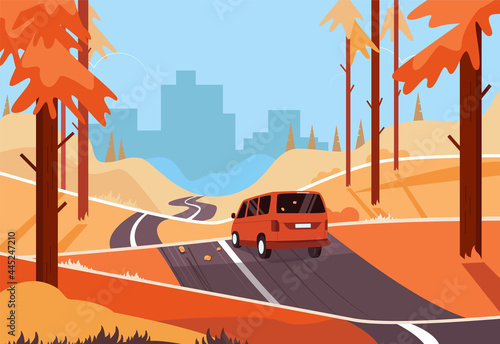 Autumn landscape. Landscape with a cute van on the road. Concept of road travel. Landscape on an urban background. Vector illustration.