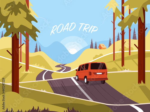 Summer landscape. The road travel concept. A cute van on the background of mountains. Vector illustration.