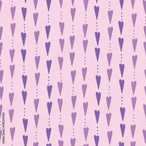 Heart background pattern design. Bright vector seamless repeat of hand drawn hearts in purple and pink. Valentines resource. 