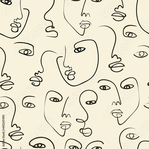 Continuous line, drawing of faces, fashion minimalist concept, vector illustration. Modern fashionable pattern. Minimalist abstract aesthetic style